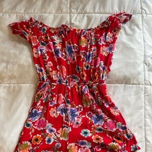 Red and floral romper.